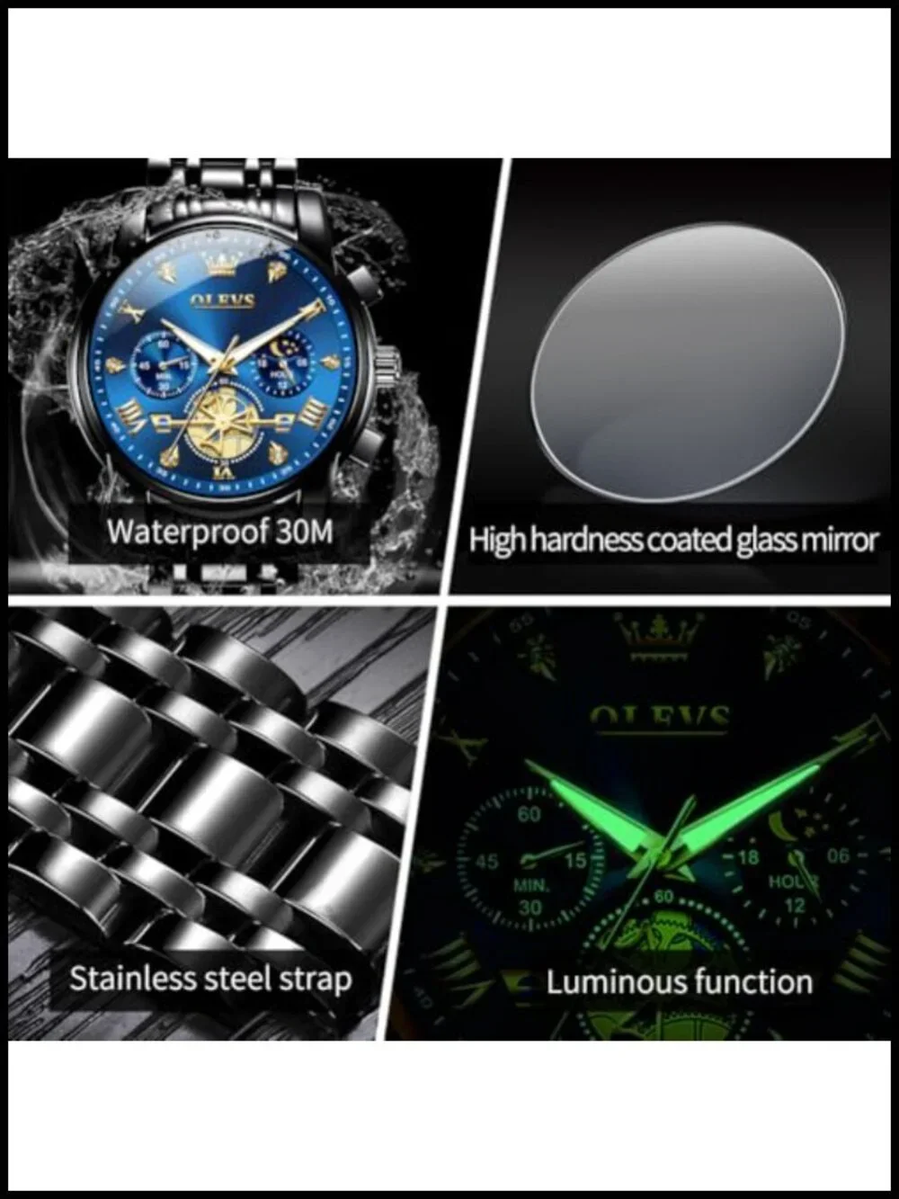 Mens Luxury Dress Watch Stainless Steel Waterproof Chronograph